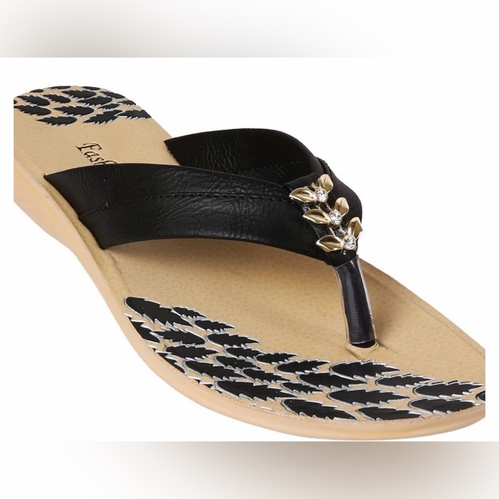 Women’s Black Leaf Print Thong Sandals with Crystal Embellishment- SZ 9